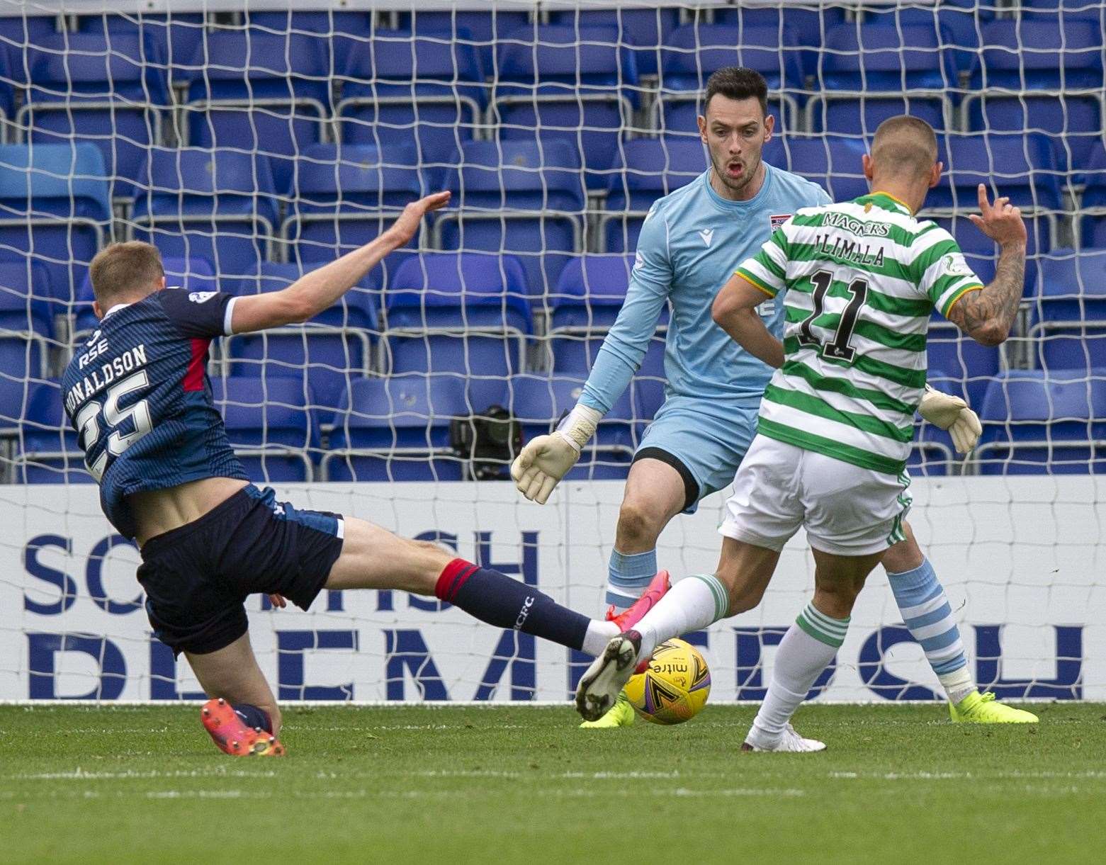 Ross County keeper Ross Laidlaw, who is backed by understudies Ross Doohan and Ross Munro, readies for a Patryk Klimala strike against Celtic.