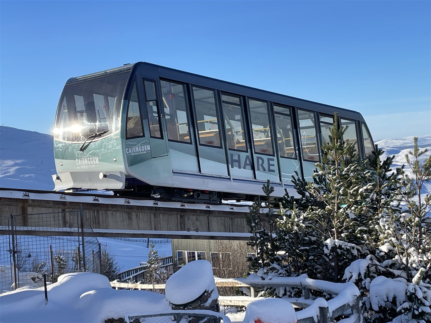 The Cairngorm funicular in its new livery on the track on Friday.