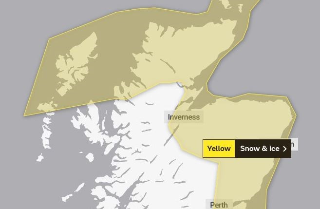 A yellow warning for snow and ice is also in force for Caithness, Sutherlandm parts of Ross-shire, Inverness, the Cairngorms, and Moray Firth coastal communities on Friday. Picture: Met Office.