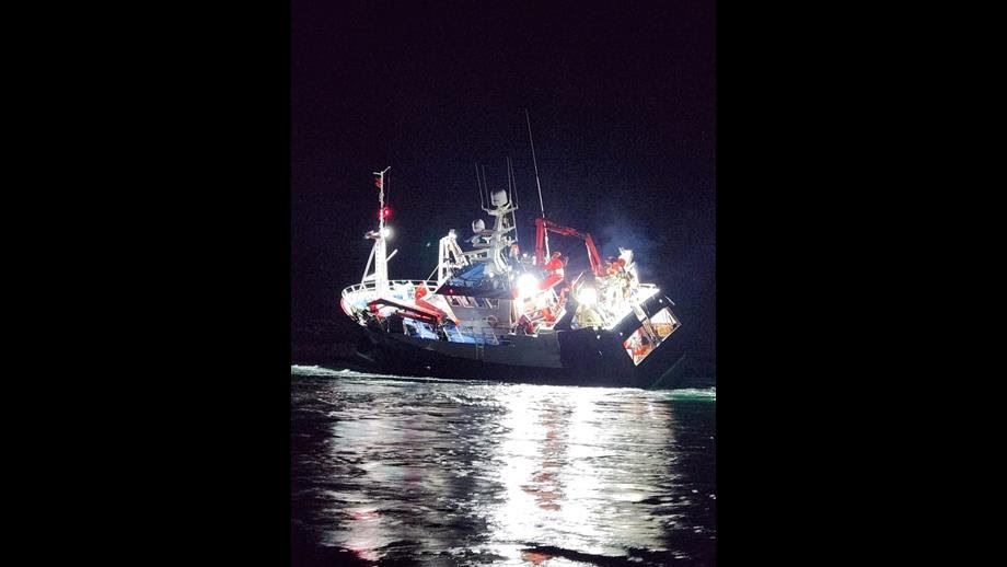 Fishing vessel aground on rocks. Picture: Andrew MacDonald/Kyle RNLI