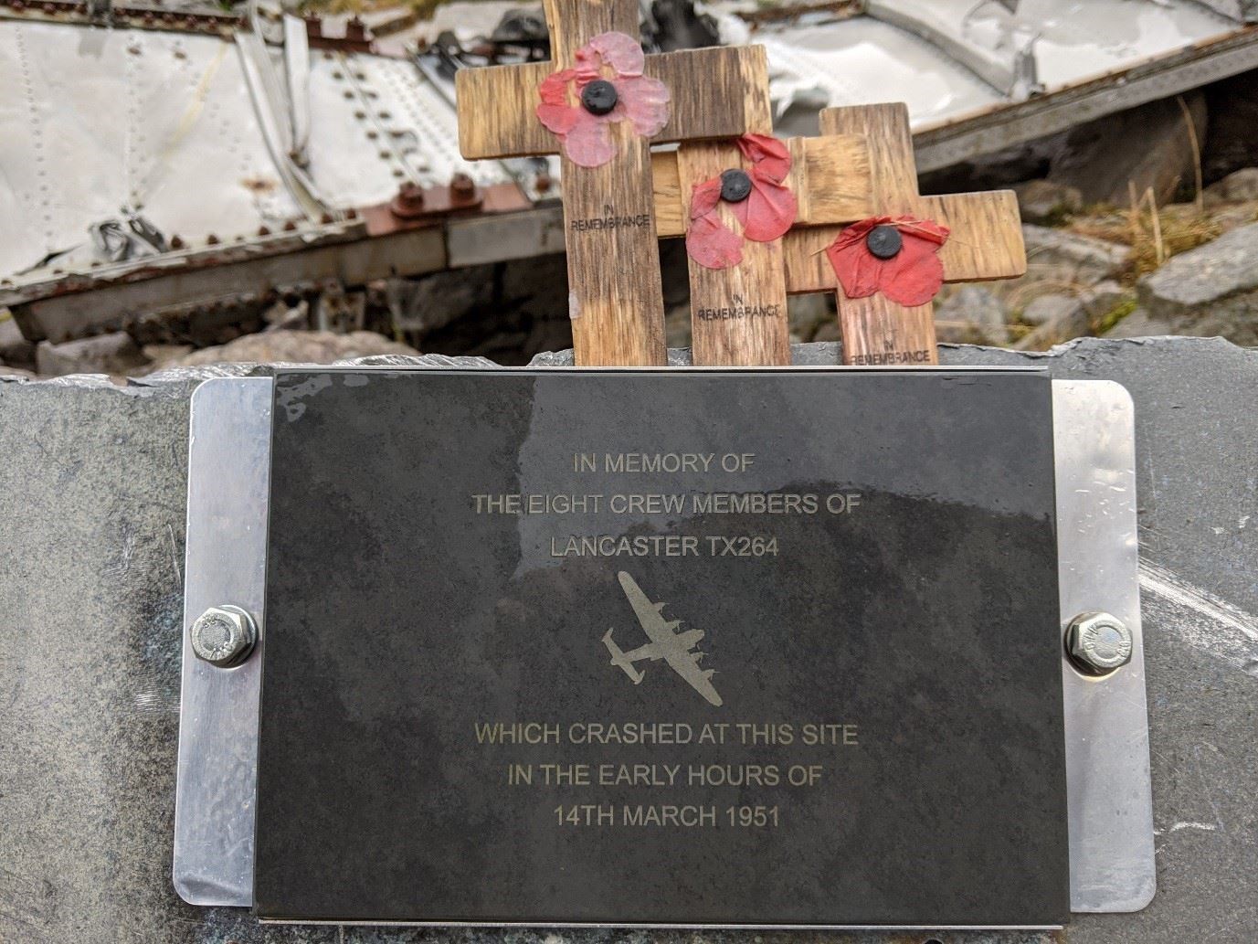 A plaque laid in honour of the crewman of the Lancaster bomber who died in the crash.