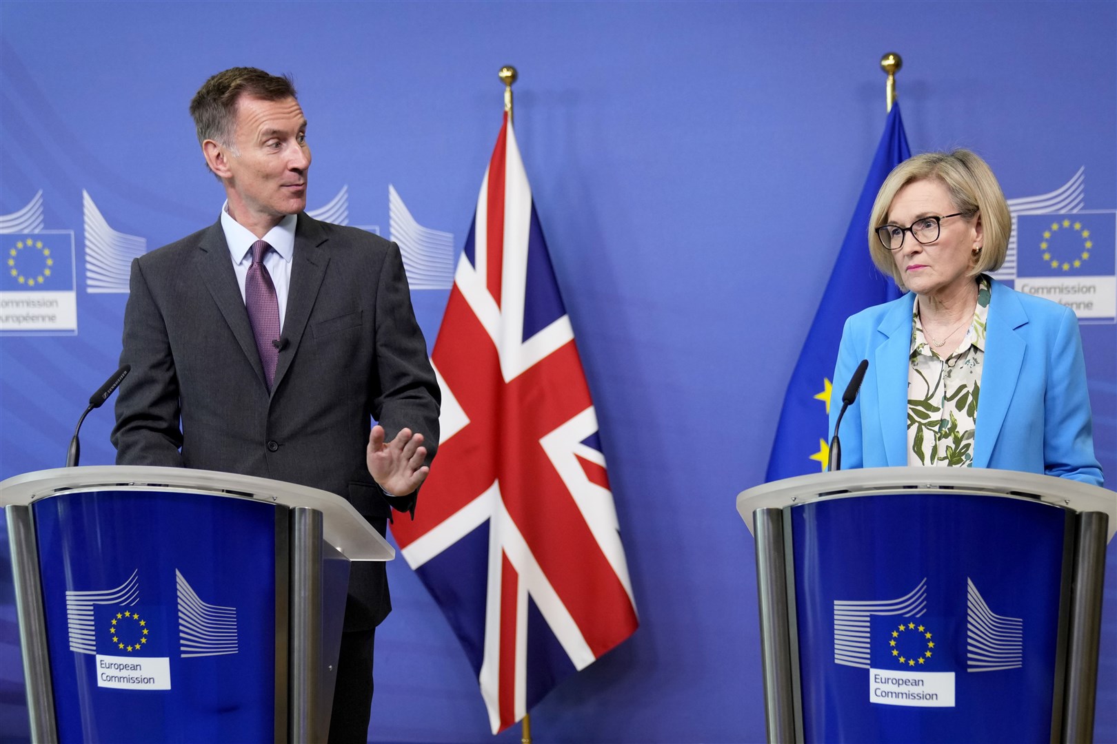 Jeremy Hunt and Mairead McGuinness were questioned about the Horizon scheme during a joint appearance in Brussels (Virginia Mayo/AP)