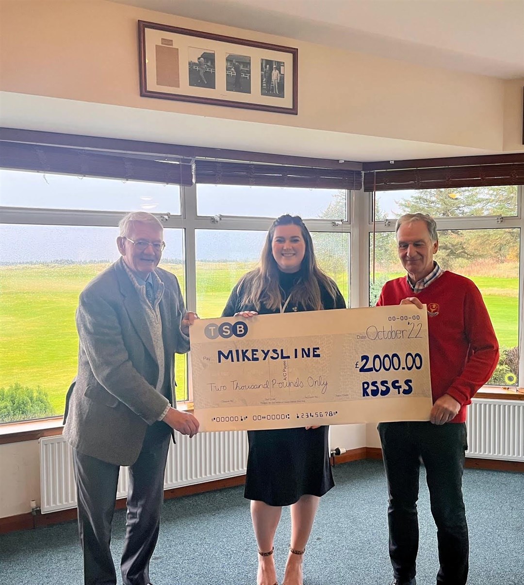 Katie Melville, Mikeysline fundraising manager, received the cheque at Tain Golf Club from Ross and Sutherland Seniors Golf Society chairman Ian McCree and secretary Steven Lloyd.