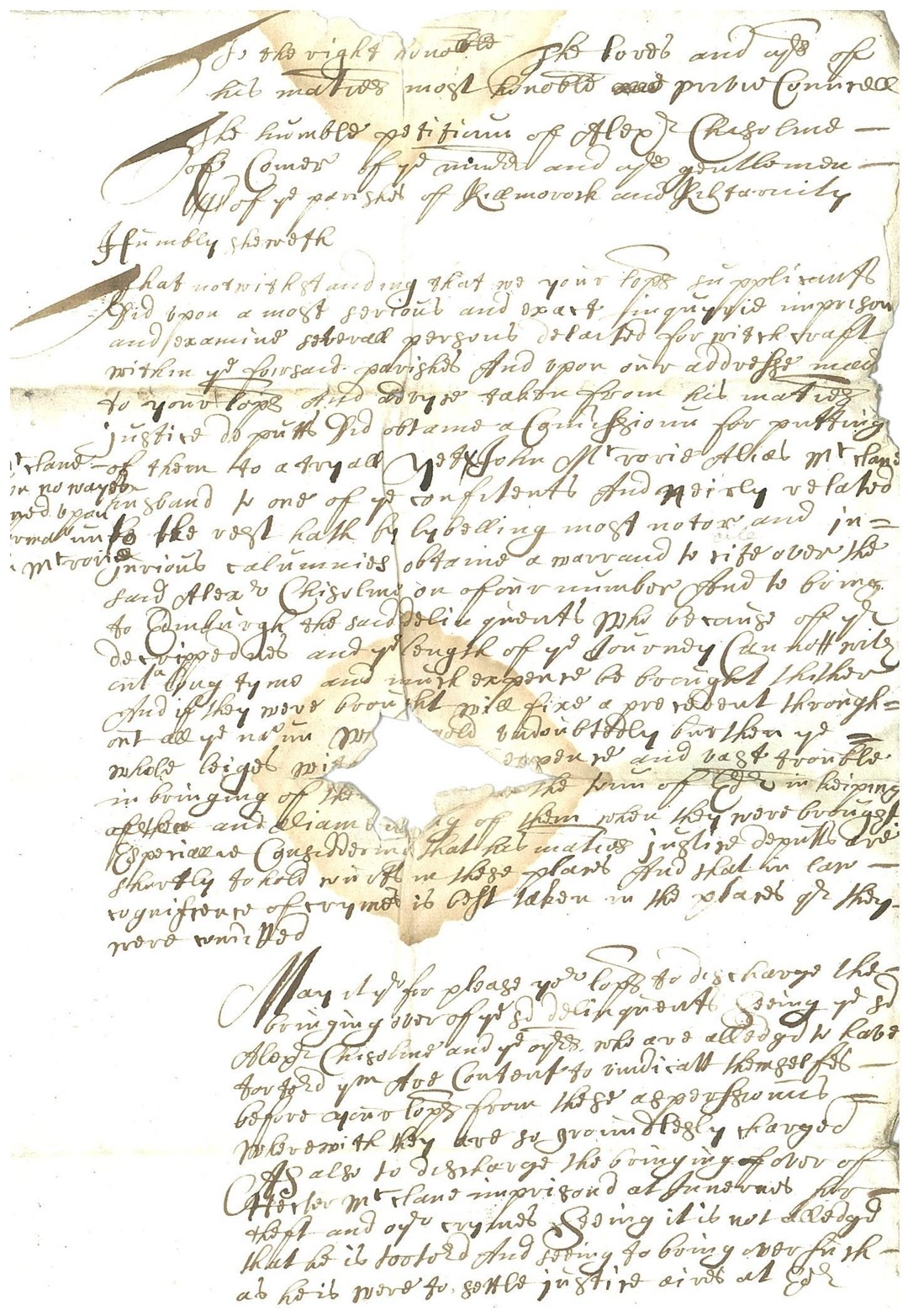 Draft petition by Alexander Chisolme to the Privy Council against having to produce the witches in Edinburgh, 1662.