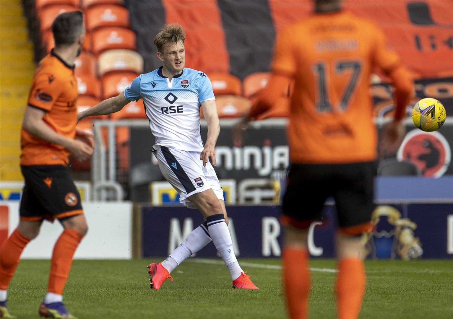 Picture - Ken Macpherson, Inverness. Dundee Utd(0) v Ross County(2). 01.05.21. Ross County's Coll Donaldson clears the danger.