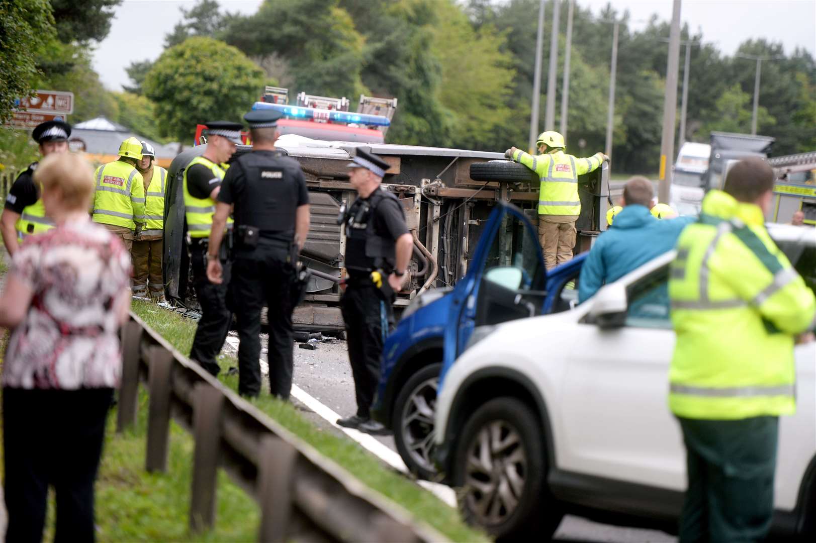 Overturned camper van lies across A9 just after the end of Kessock Bridge and before Harry Gow exit.....Kessock Bridge crash.Picture: SPP. Image No. ..