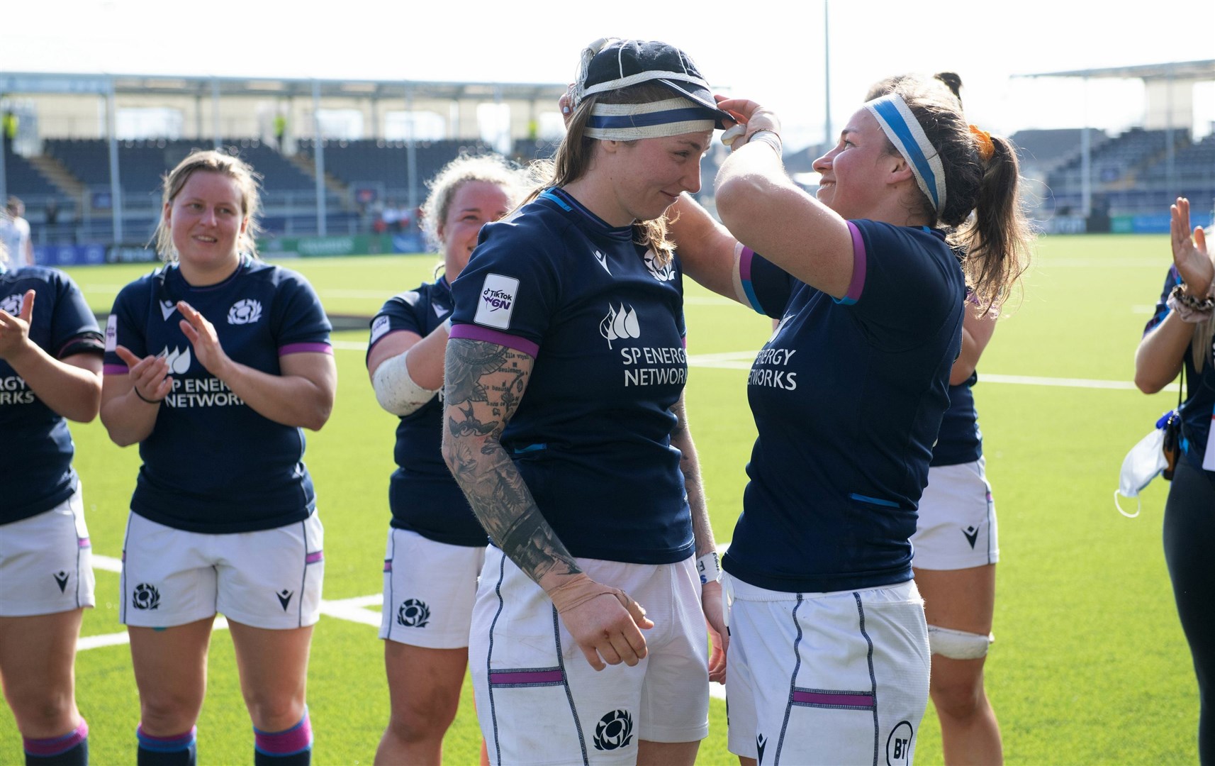 Jade Konkel-Roberts being presented with her 50th cap for Scotland in their opening match of the 2022 Women's Six Nations against England. Picture: SRU/SNS Group