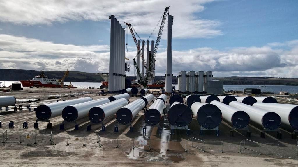 The final components of the Moray East wind farm await shipping at Nigg.
