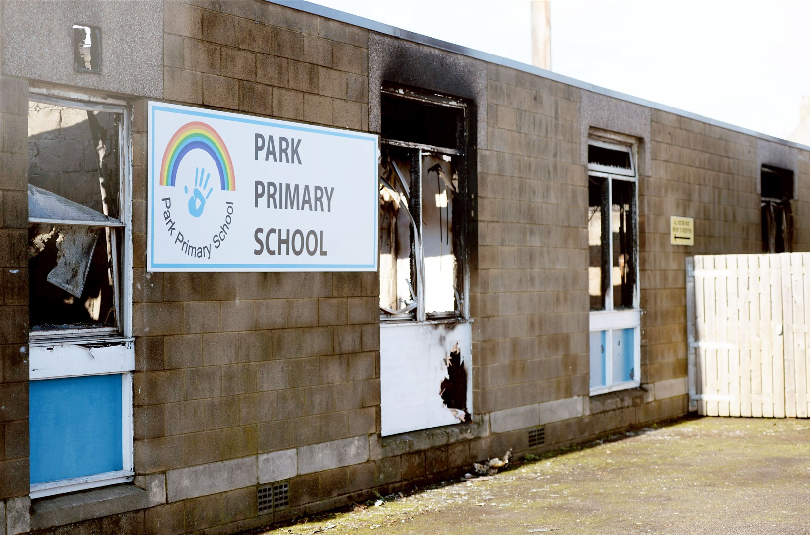 Park Primary School the day after the fire..The front of the school is not looking its best..Picture: James MacKenzie..