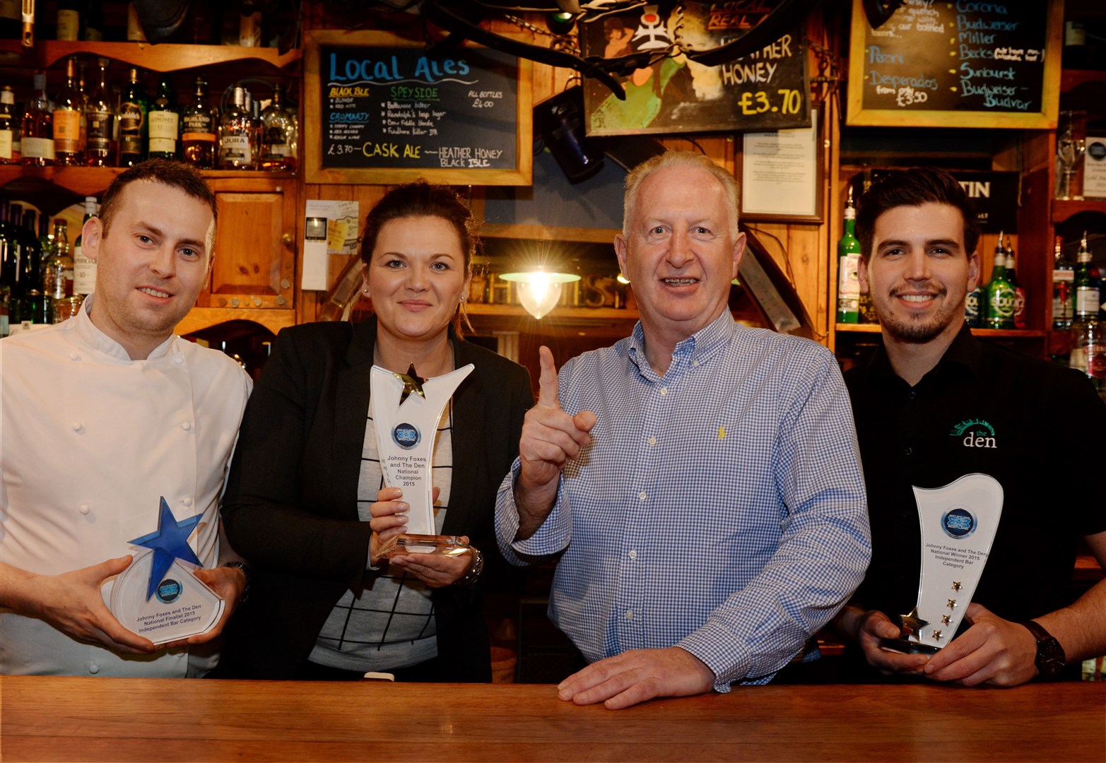 Don Lawson is pictured with some of the team after winning the Best National Bar and Best Independent Bar awards at the Best Bar None National Awards Scotland in Edinburgh back in 2015. Pictured are ( L to R) Head Chef Paul Nisbet, General Manager Tina MacDonald, Don Lawson and Cellar Manager Ruairidh Ross.