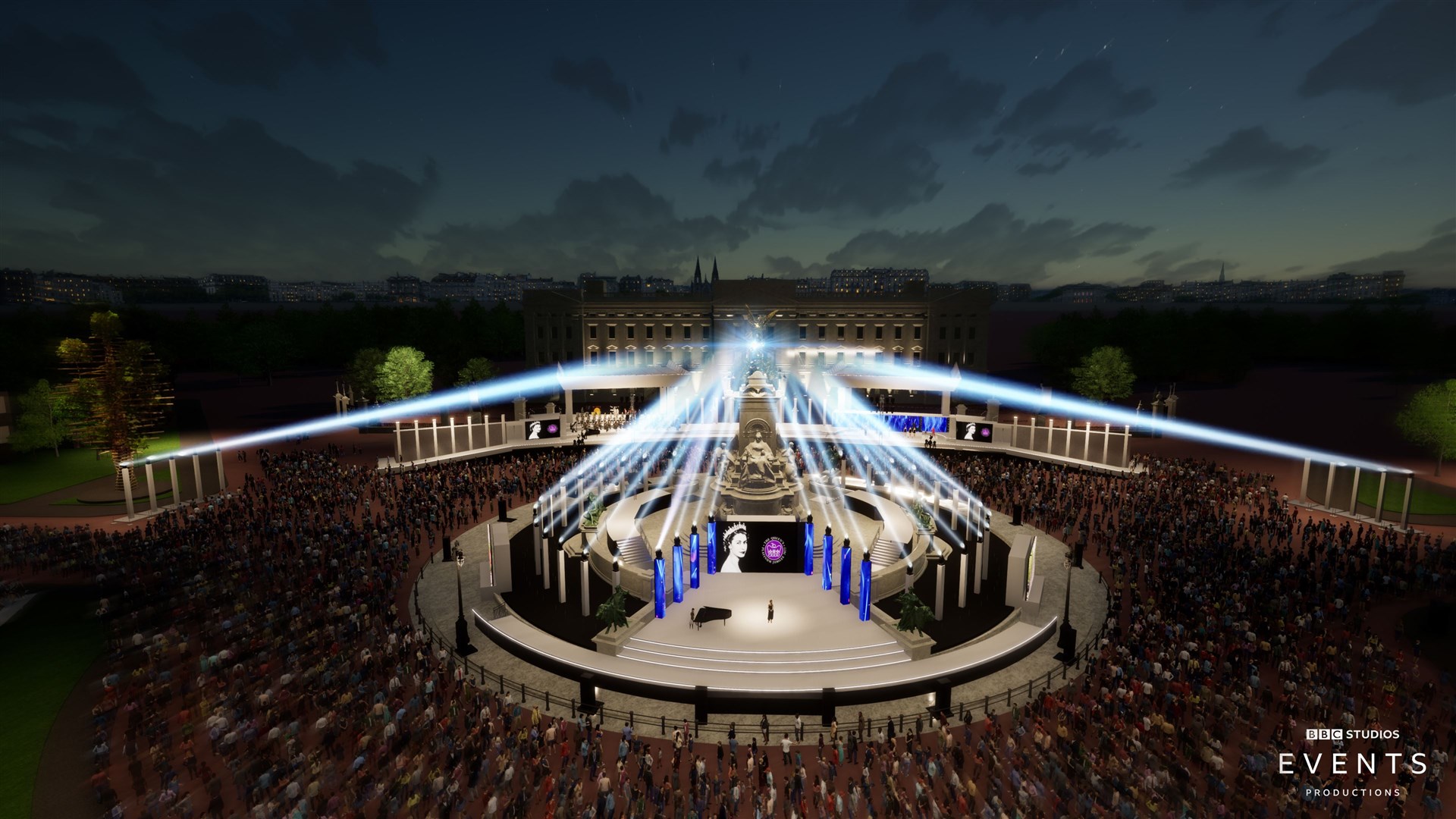 Artist impression of the stage outside Buckingham Palace for the Platinum Party at the Palace (BBC/PA)