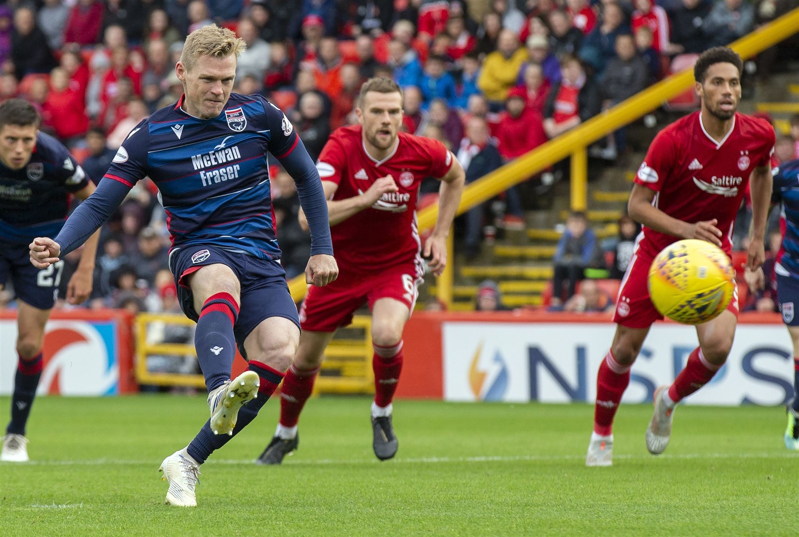 Picture - Ken Macpherson, Inverness. Aberdeen(3) v Ross County(0). 31.08.19. Ross County's Billy McKay sees his penalty-kick hit the Aberdeen post.