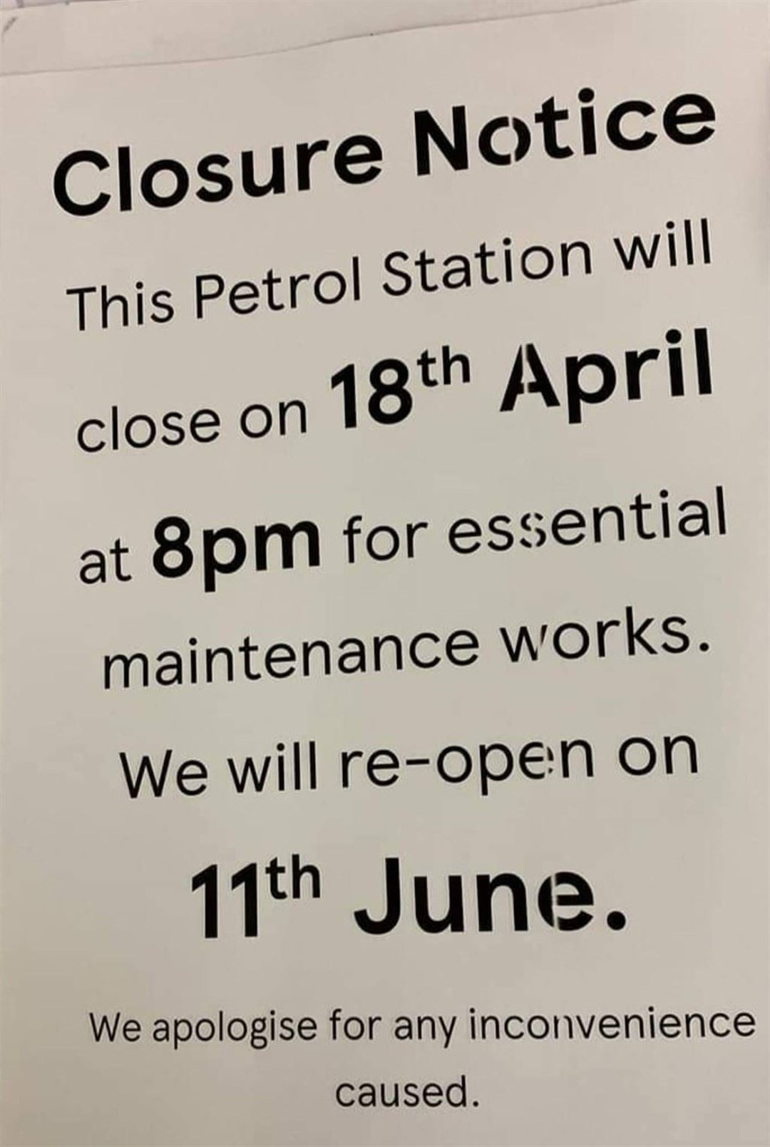 The petrol station at Tesco Dingwall announced they will be shut for essential works.