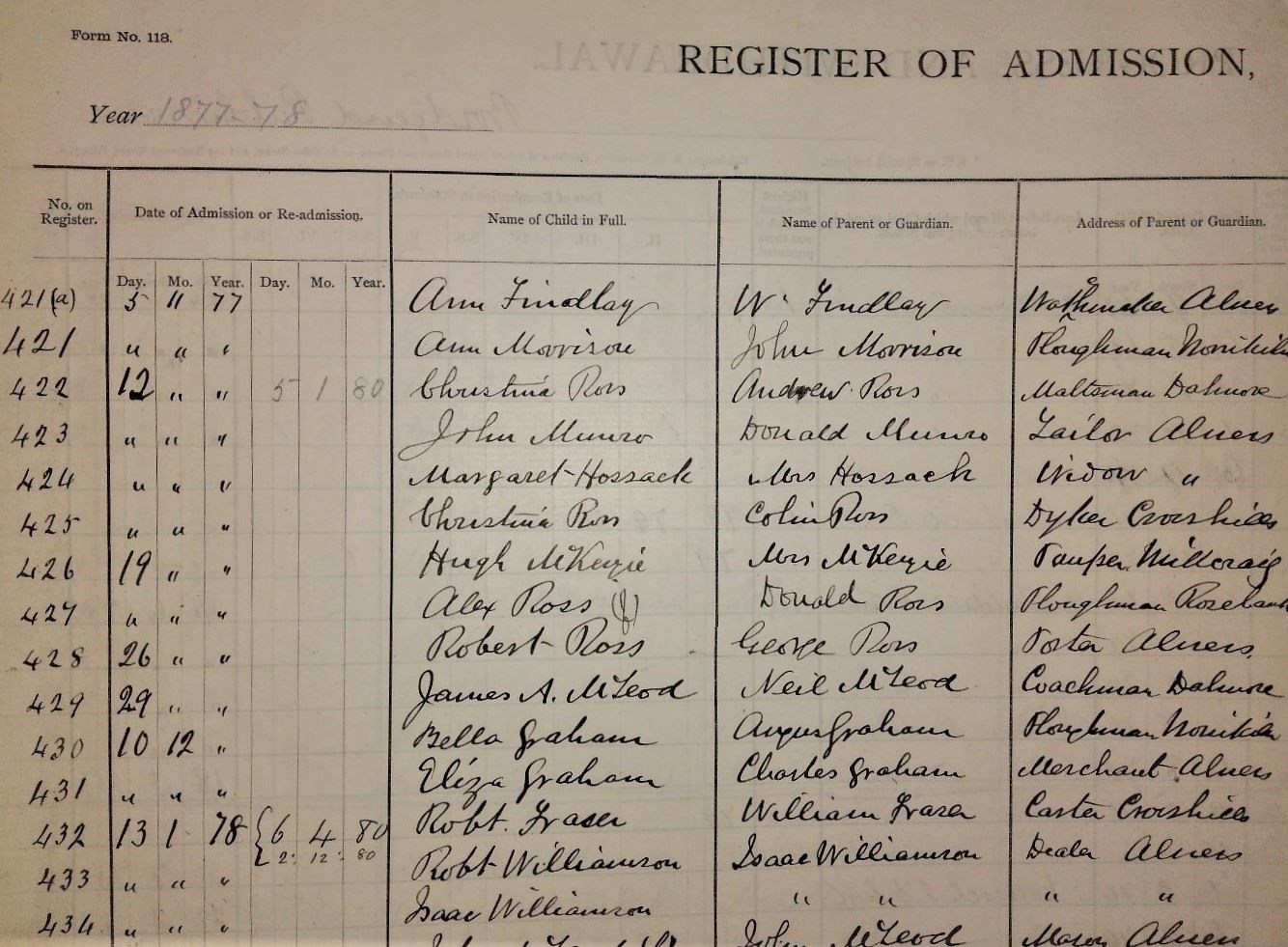 Extract from Bridgend School admissions register 1872 - 1889.