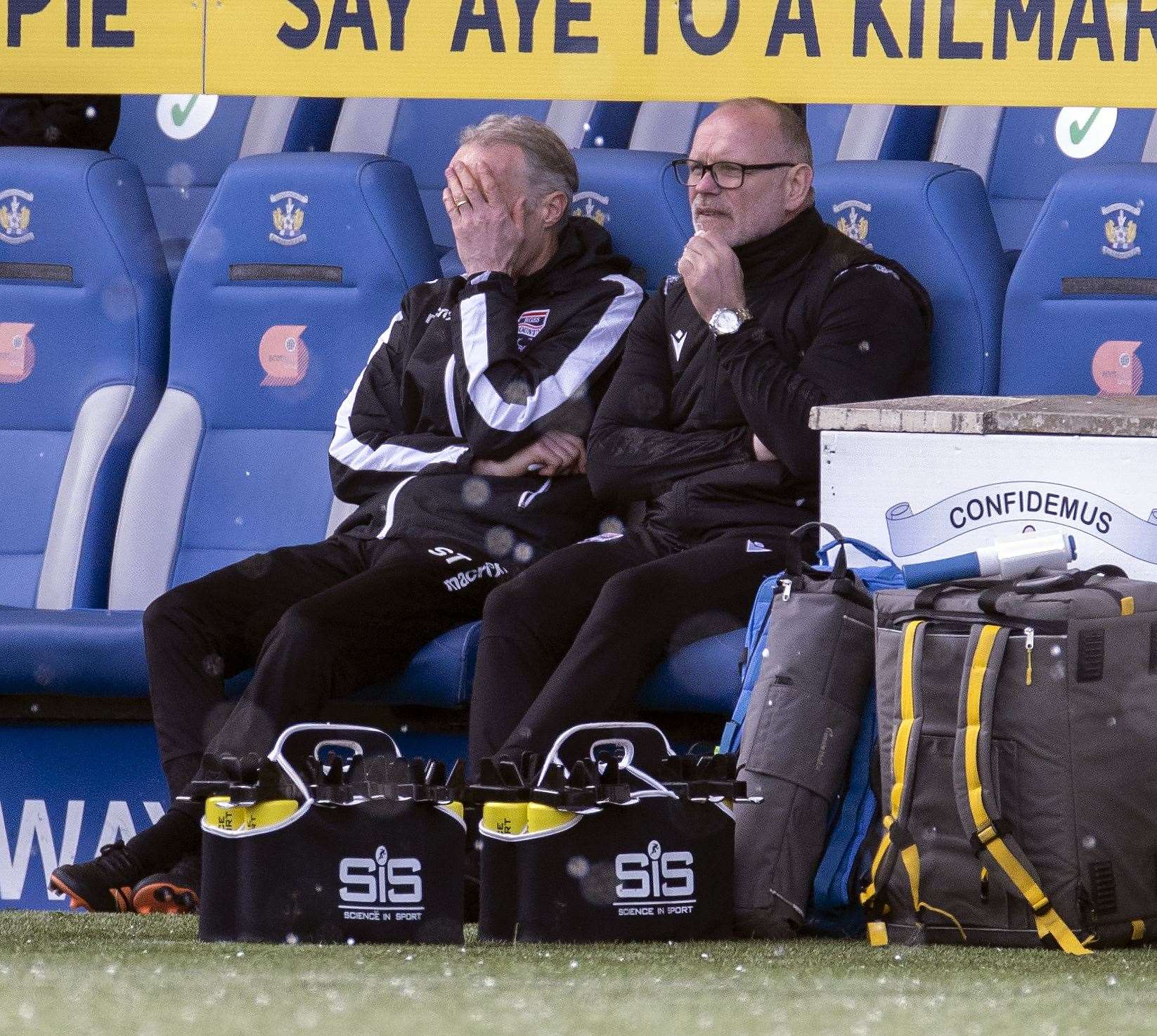Picture - Ken Macpherson, Inverness. Kilmarnock(2) v Ross County(2). 10.04.21. Ross County manager John Hughes and goalkeeping coach Scott Thomson after Ross County's Ross Draper header missed the target to go wide.
