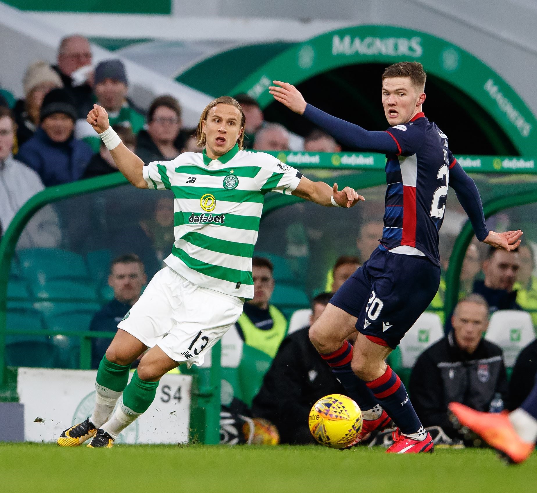 Picture - Ken Macpherson, Inverness. Celtic(3) v Ross County(0). 26.01.20. Ross County's Blair Spittal and Celtic's Moritz Bauer.