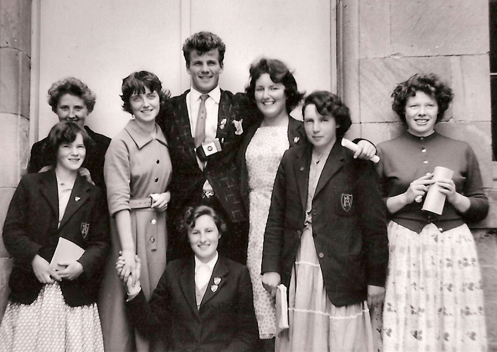 from left: Marigold Mackenzie, Lochinver, with Susan Lindsay, Dornoch in front of her; the late Giorsal Campbell, Tongue and the late Maris Macdonald, Spinningdale; Jessie Joan Grant, Anna Ross, both Embo and kneeling in front, Elizabeth Mackay, Tongue, the girls’ school captain.