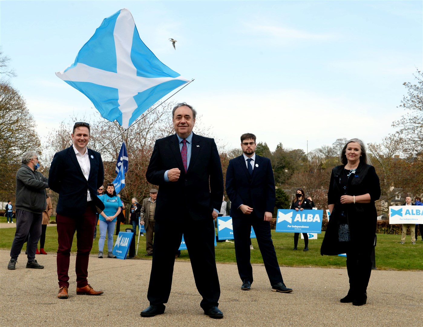 Alex Salmond launches the Alba Party's Highlands & Islands Campaign, pictured (left to right) Kirk Torrance, Alex Salmond, Josh Robertson and Judith Reid.