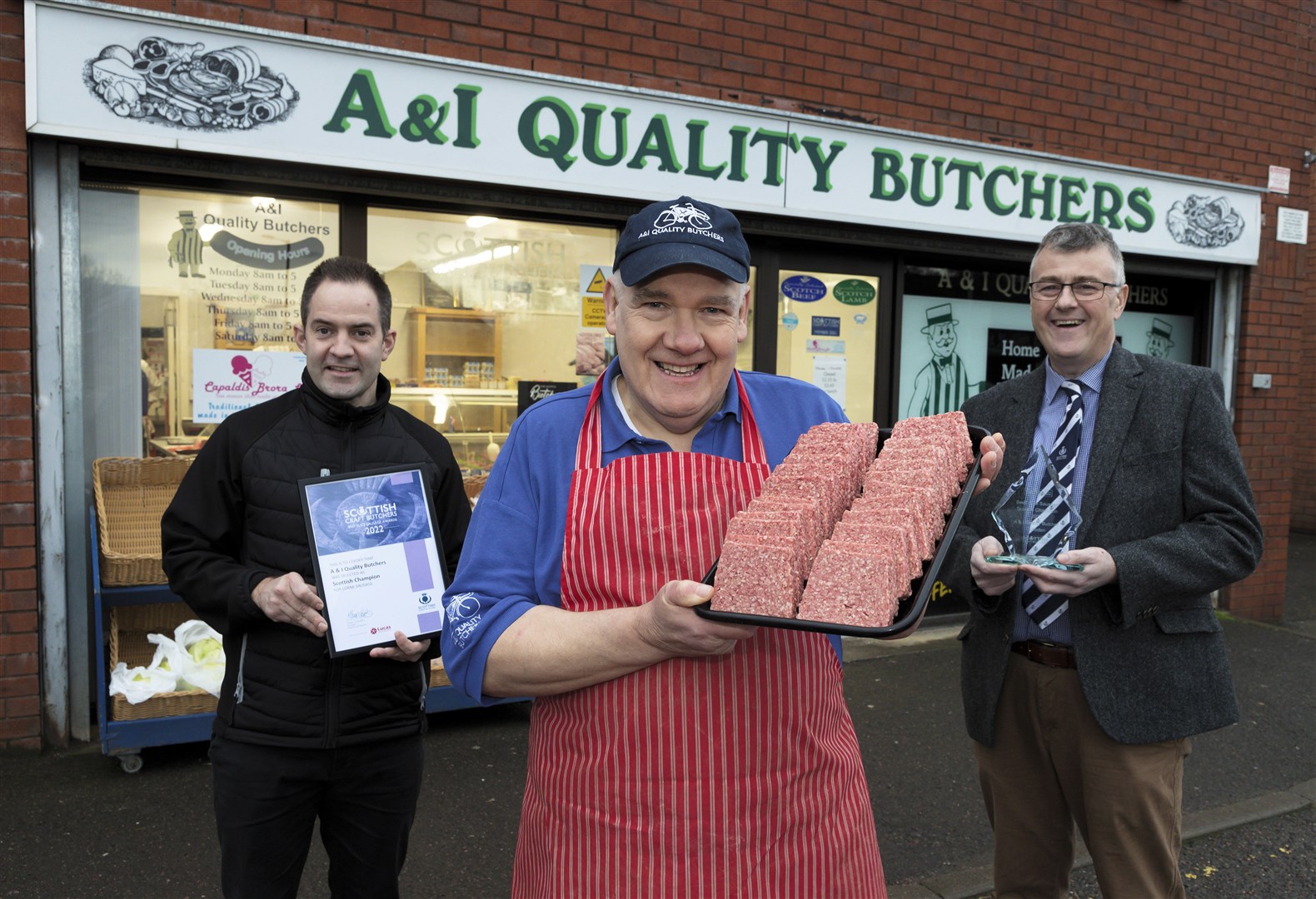 Paul Foster, area sales manager for Socbies Direct, Ali Paul, and Gordon Kind, executive manager of Scottish Craft Butchers. Picture: Graeme Hart