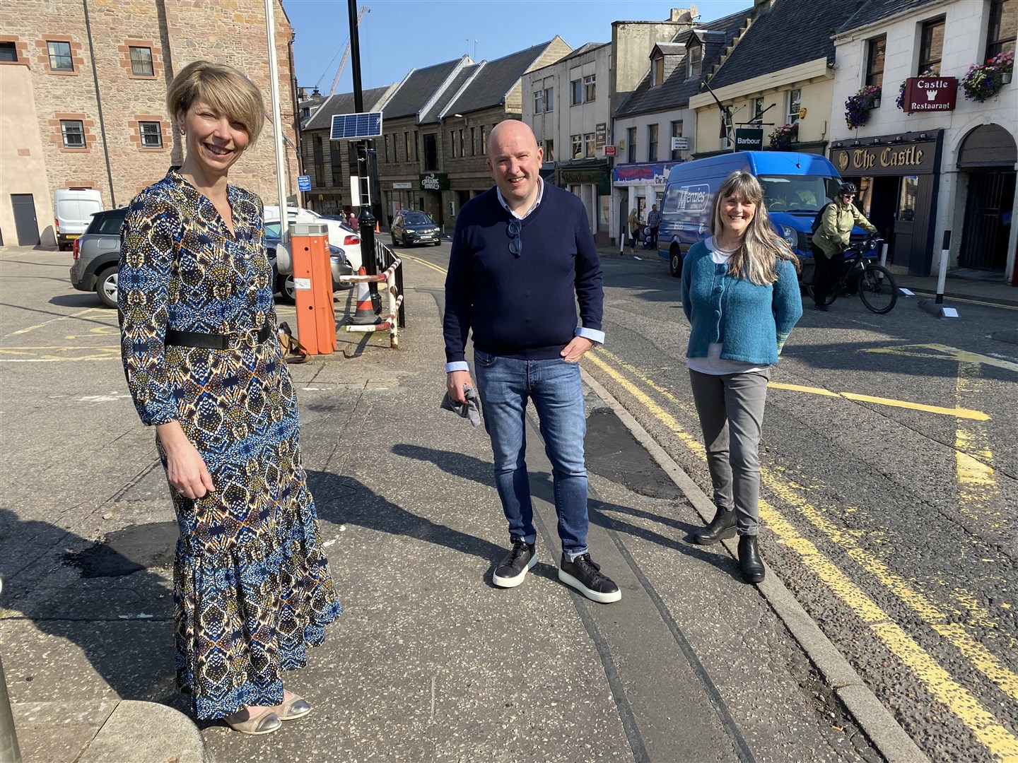 From left, Tania Kennedy from Rouge Boutiques, Norman MacDonald of Cafe One and Denise Collins of Castle Gallery, in Castle Street, which will be returned to two-way traffic by the end of the year.