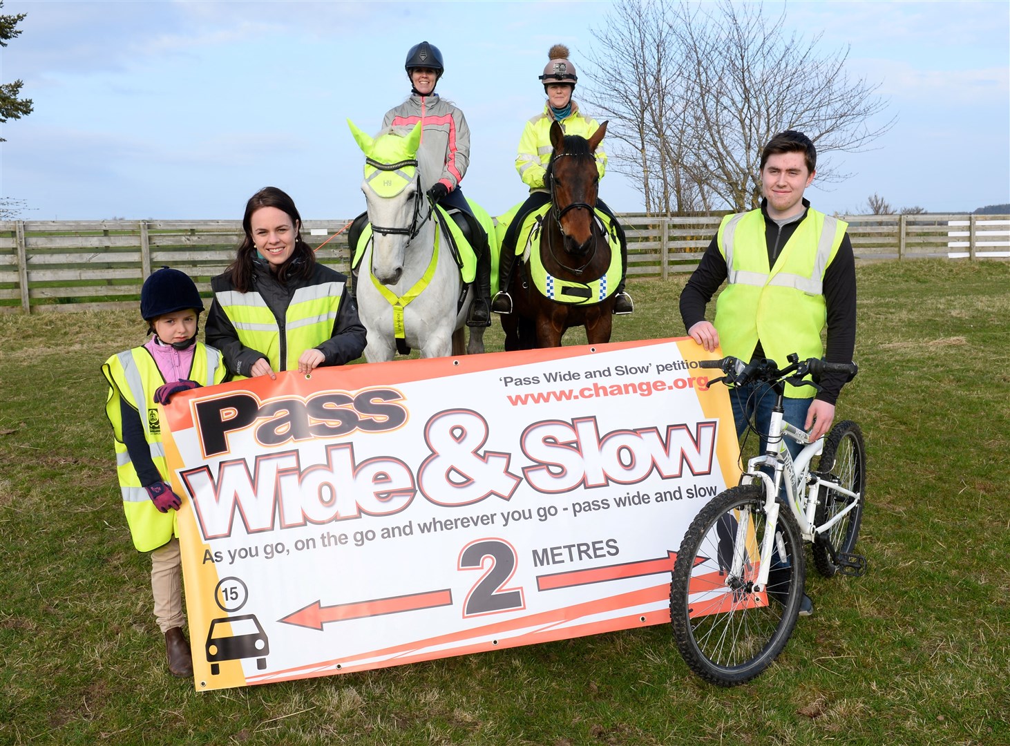 Pass Wide and Slow..Launch of road safety campaign warning drivers to slow down when driving past horses...Young rider Brooke Mackenzie,MSP Kate Forbes,Lindsay Ross and Albi,Suzanne Gowdy and Kaiser and highlighting cyclist is Xander Ross...Picture: Gary Anthony. Image No..