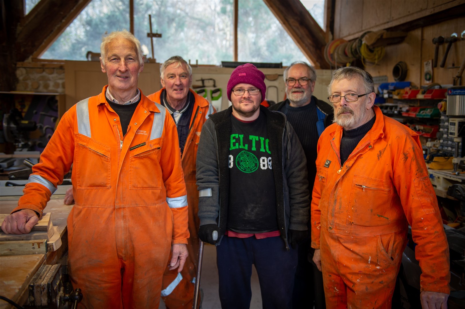 George Cameron, Colin Graham, Alister Kennedy, John Munro and David Chambers at Cromarty Firth Men's Shed in Milton. Picture: Callum Mackay