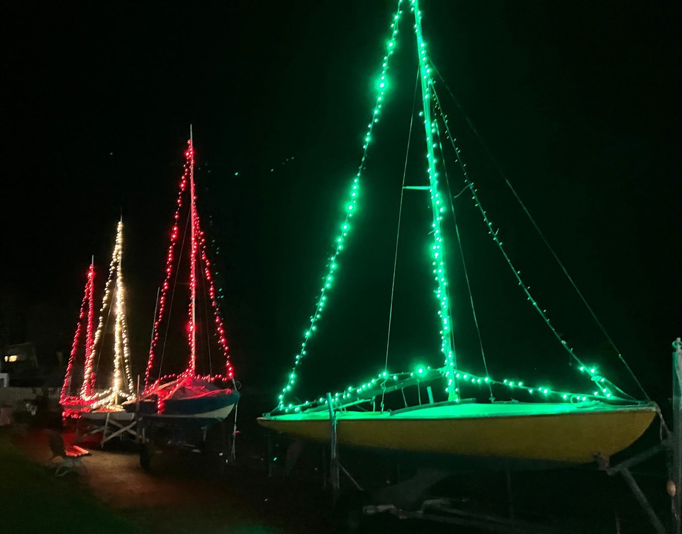 Fairy lights on Ullapool fishing boats.