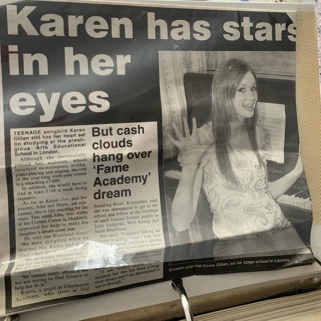 Karen Gillan featured in the Highland News when she was 16 years old. She shared this piece from her archive on Instagram.