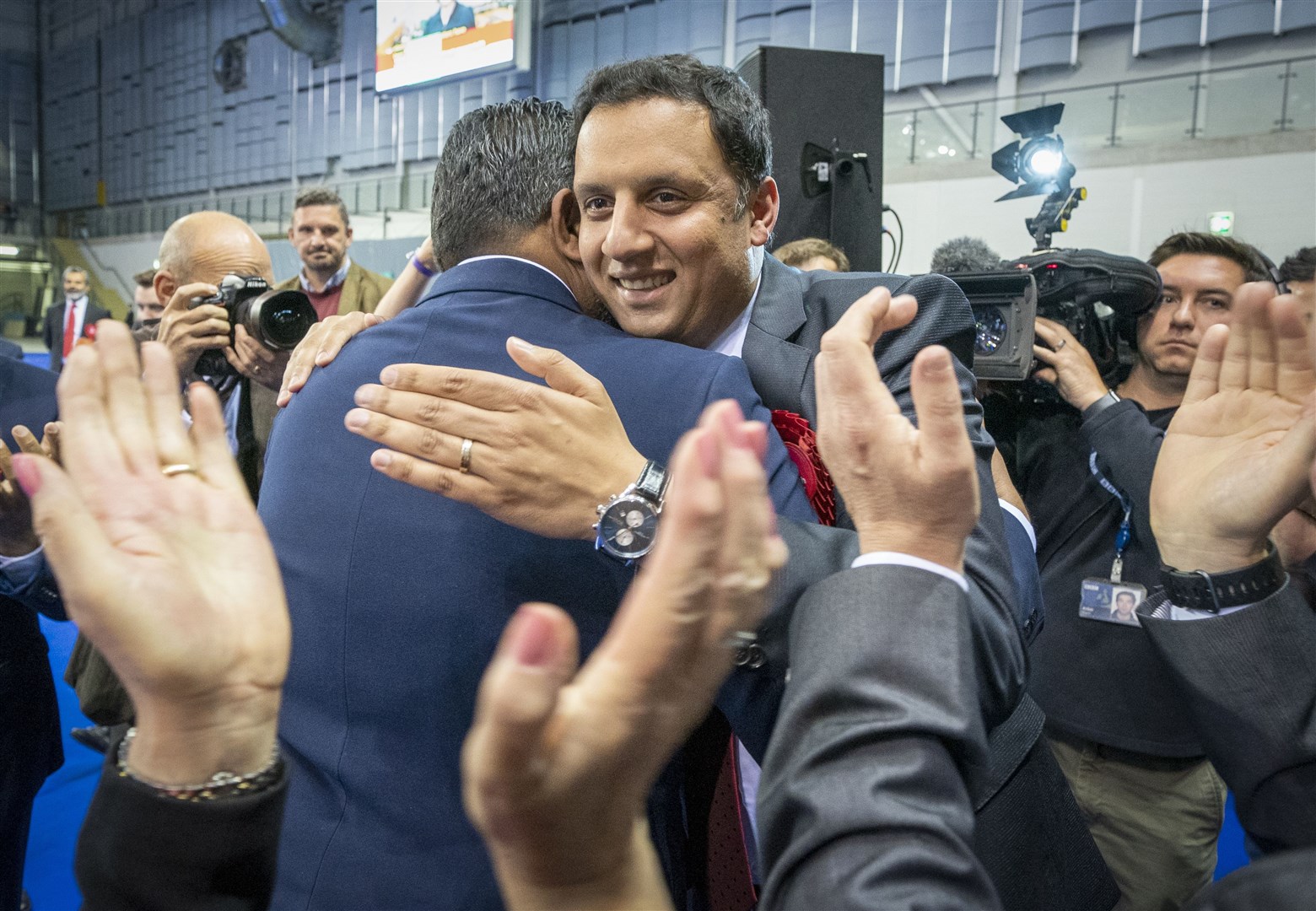Scottish Labour leader Anas Sarwar celebrates with candidates at the Glasgow City Council count (Jane Barlow/PA)