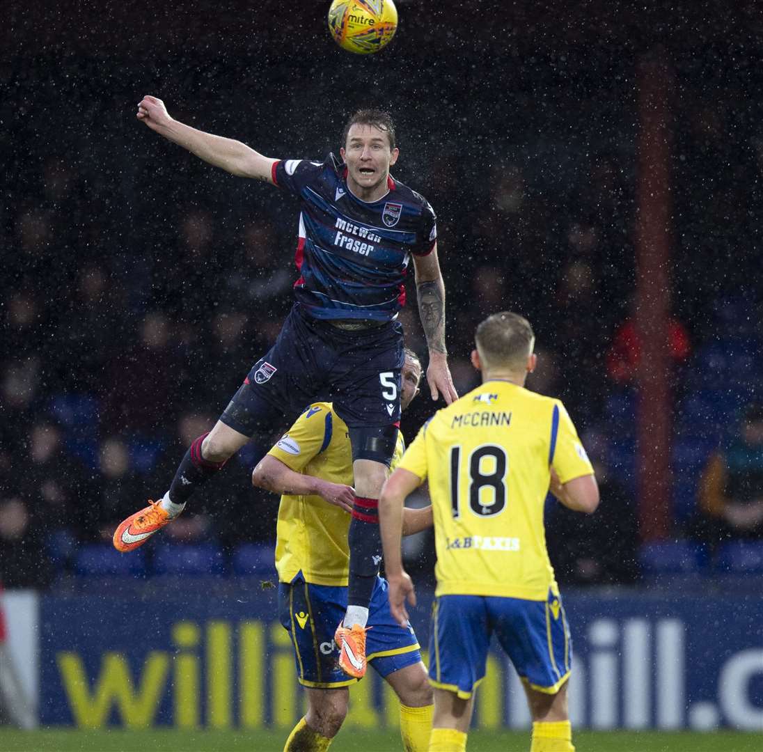 Picture - Ken Macpherson, Inverness. Ross County(1) v St.Johnstone(1).15.02.20. Ross County's Callum Morris heads clear from St.Johnstone's Chris Kane.