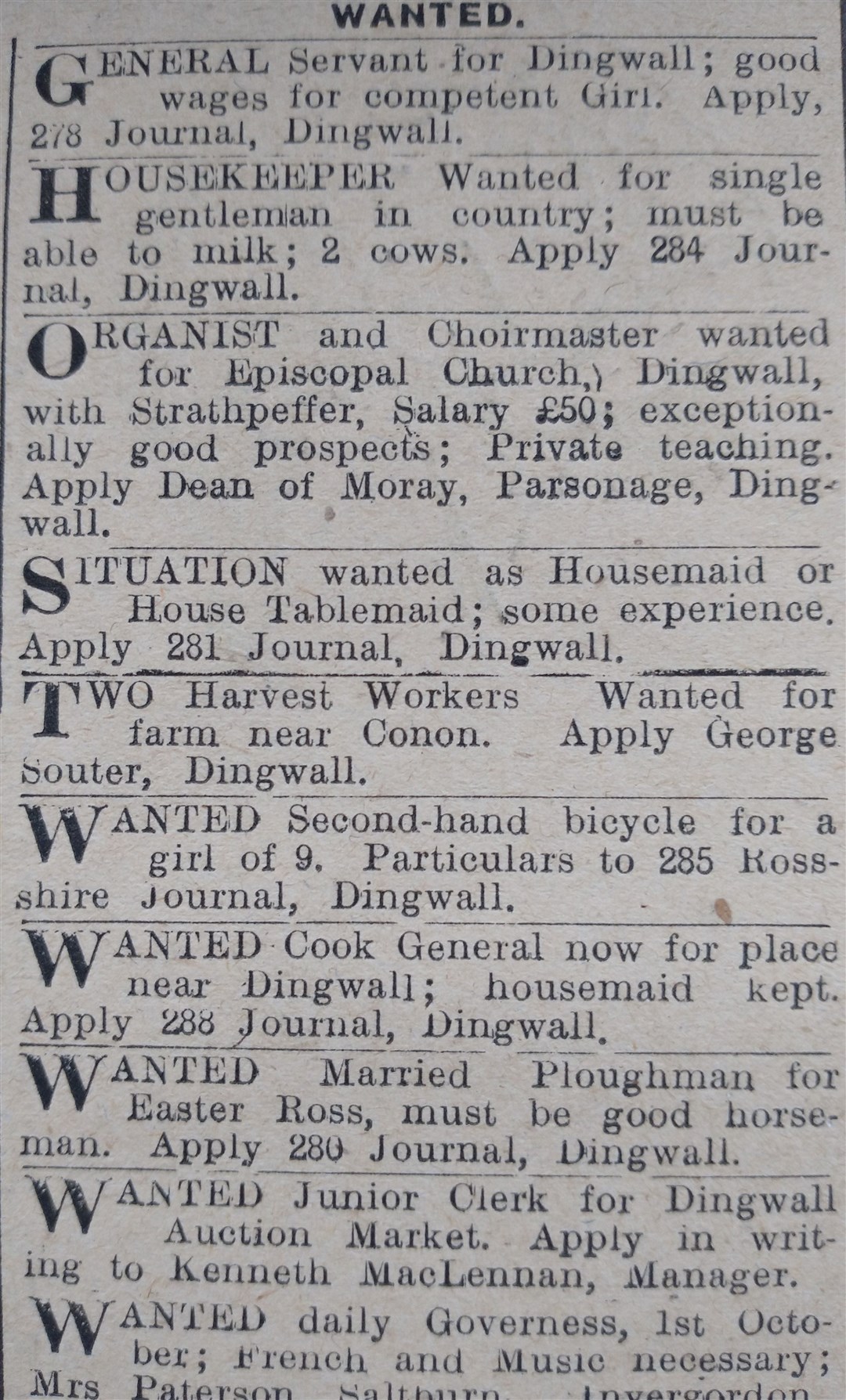 Adverts on the front page of the Ross-shire Journal a century ago.