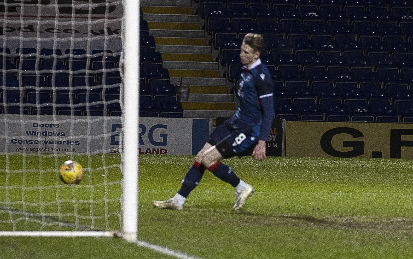 Picture - Ken Macpherson, Inverness. Ross County(1) v Motherwell(2). 27.01.21. Ross County's Oli Shaw scores into an empty goal after a strong shot from Jermaine Hylton was spilled by Motherwell 'keeper Liam Kelly into his path.