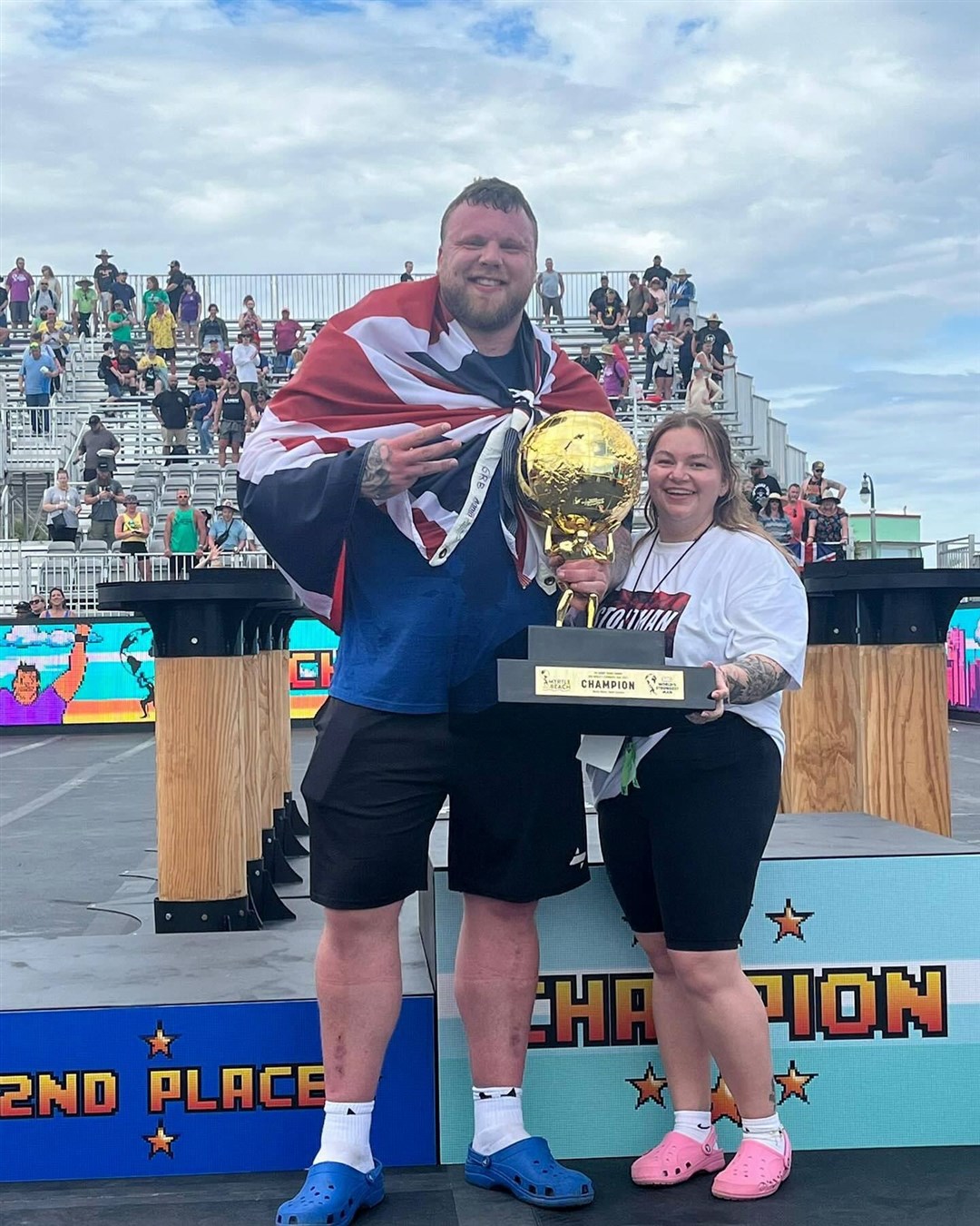 Tom and Sinead Stoltman holding the World's Strongest Man trophy after the Invergordon powerhouse's win in the USA.Picture courtesy of Sinead Stoltman.