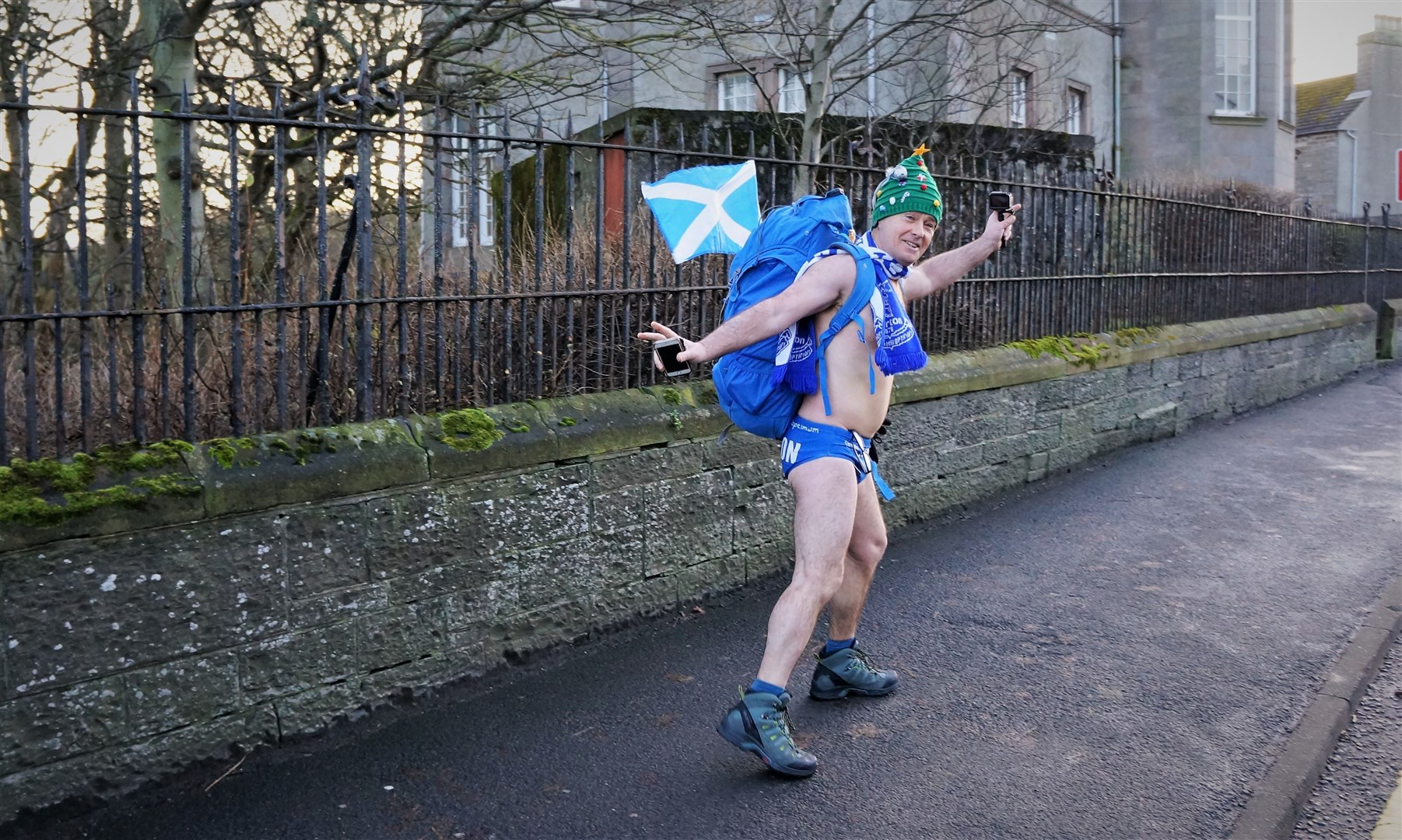 Speedo Mick pictured in December 2019 as he made his way through Wick on another fundraising walk across the UK. Pictures: DGS