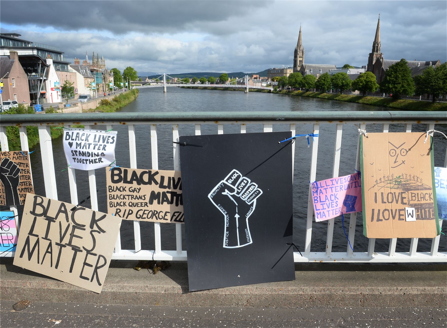 Black Lives Matter posters on the Ness Bridge. Picture: Gary Anthony