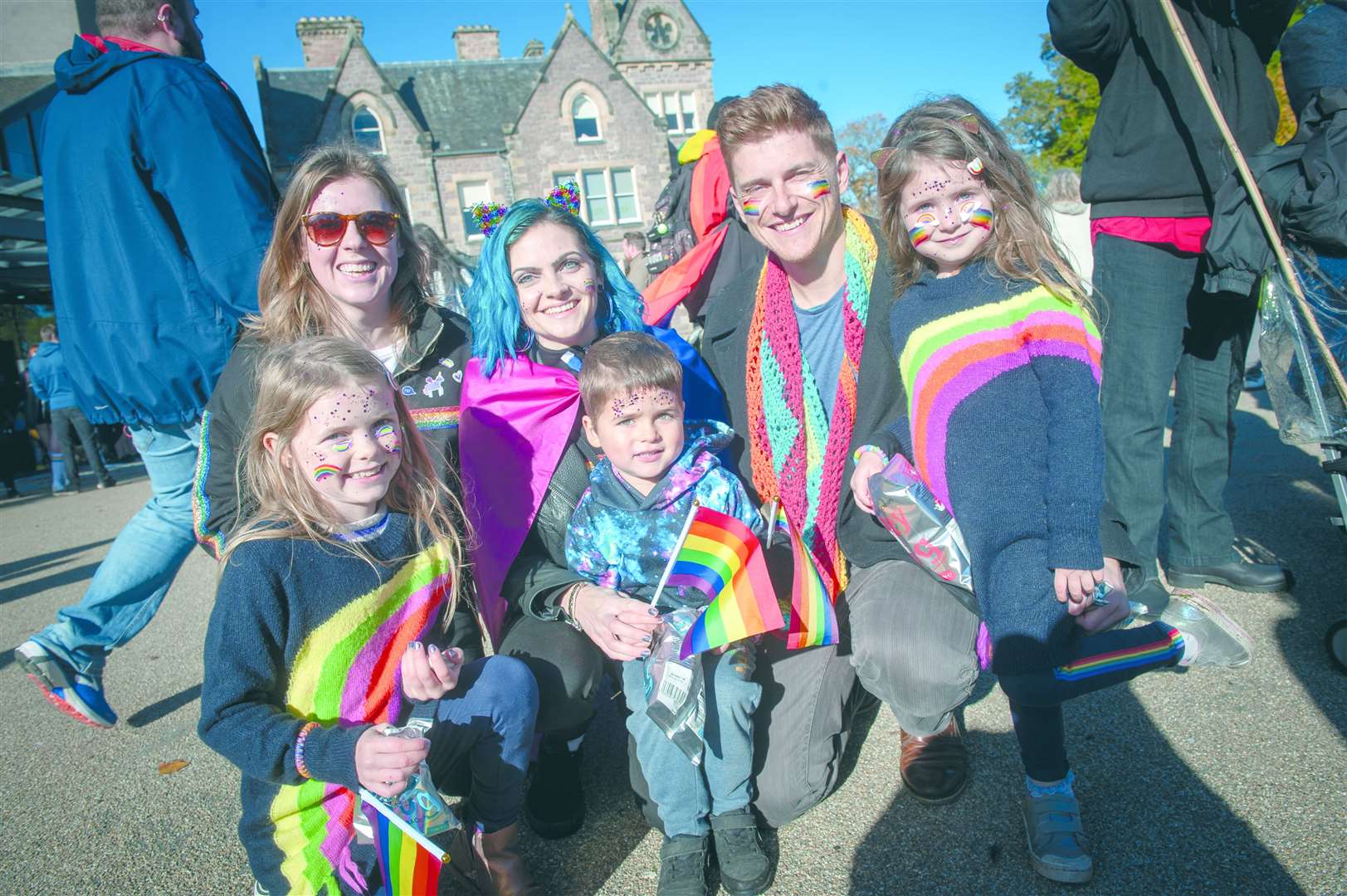 Proud Ness LGBT March, Inverness. Anna Nestor (back left) with the Macgregor family. Picture: Callum Mackay.