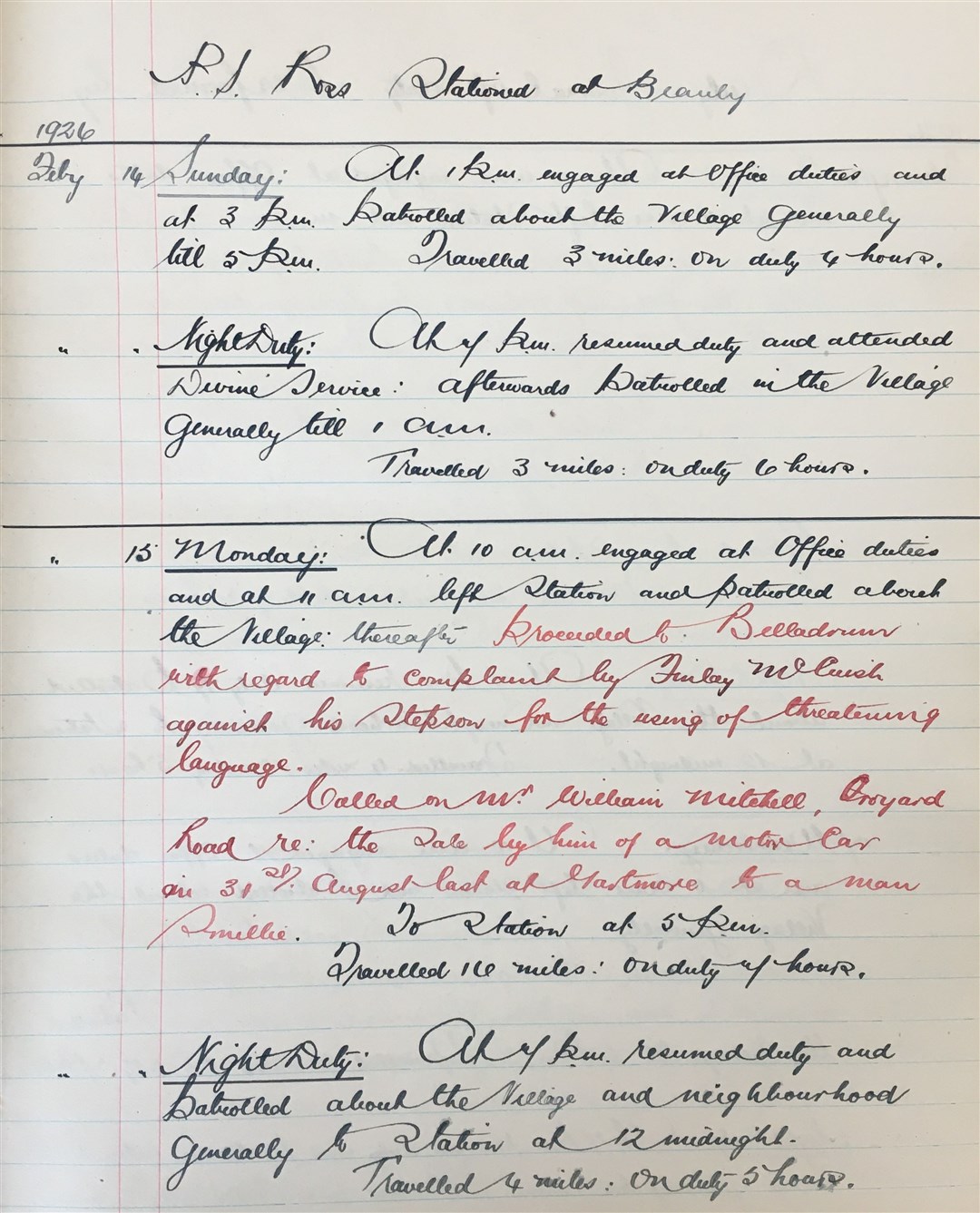 Extract from the Daily Occurrence Book for Beauly Station, 1925-1928.