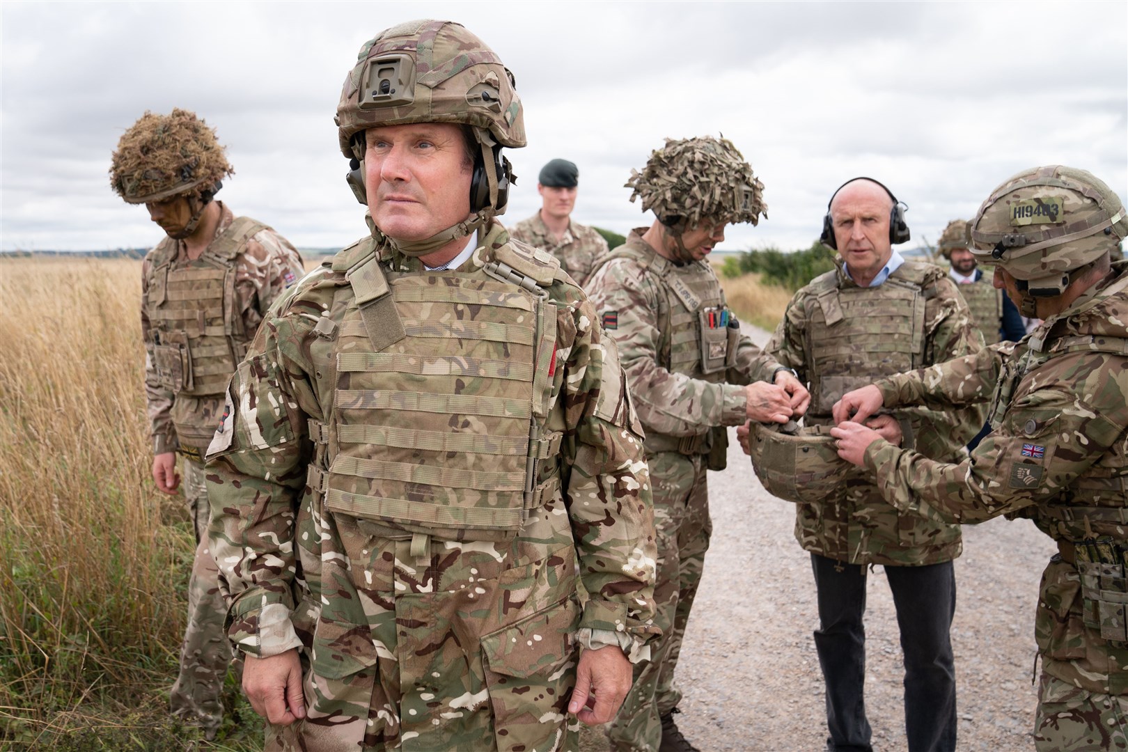Labour leader Sir Keir Starmer and shadow defence secretary John Healey, centre right, meet British soldiers at Salisbury Plain (Stefan Rousseau/PA)