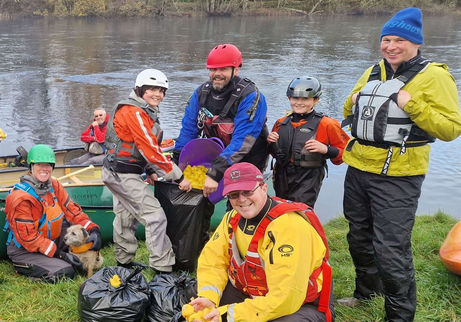 Inverness Canoe Club paddlers and duck rescue crew (from left) Ruth Mantle, Willie Macleod, Calum MacDonald, Neil MacDonald, Lachlann MacDonald and Jonathan Willet with Marybank Primary Parent helper, Roddy Cormack. Picture: Eleanor MacDonald