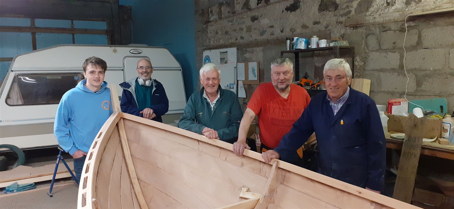 Building the second skiff. are Louis Taylor, Jem Taylor, Angus Macinnes (master builder), Conrad Gwyther and Ian MacDonald.