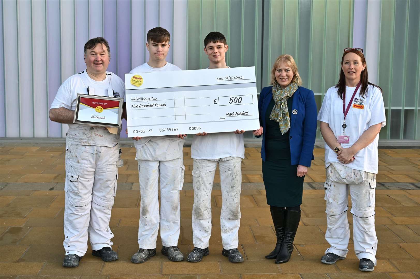 Left to right, Mark Mitchell (painting lecturer), Archie Shaw and Ross Henderson, painting and decorating modern apprentices employed by Henderson Decorators Ltd., Emily Stokes (Mikeysline), Mo Turner (painting lecturer).