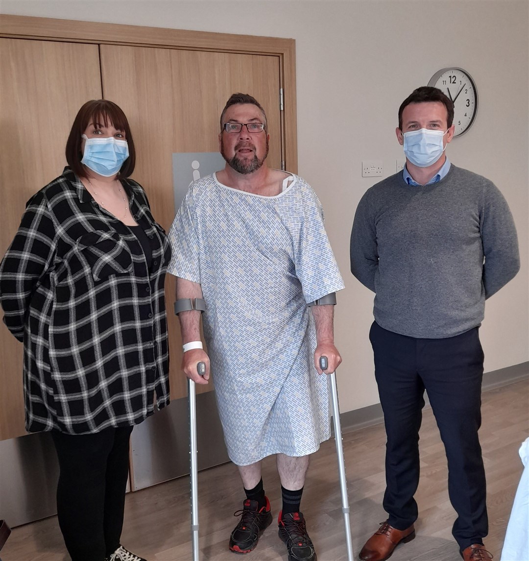 David Smith, the first orthopaedic patient in NHS Grampian to be approved at Dr Gray’s Hospital and operated on at the national treatment centre – Highland,pictured with Colin McNair, Clinical Director NTC Highland and Gail Little, staff nurse at Dr Gray's Hospital.