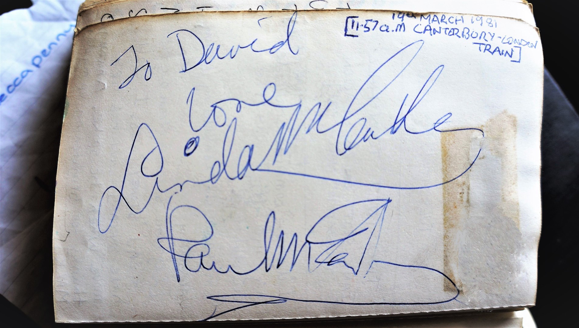 The autographs of Paul and Linda McCartney when they were encountered on a train journey between Canterbury and London. It's dated March 19, 1981 at 11.57am.