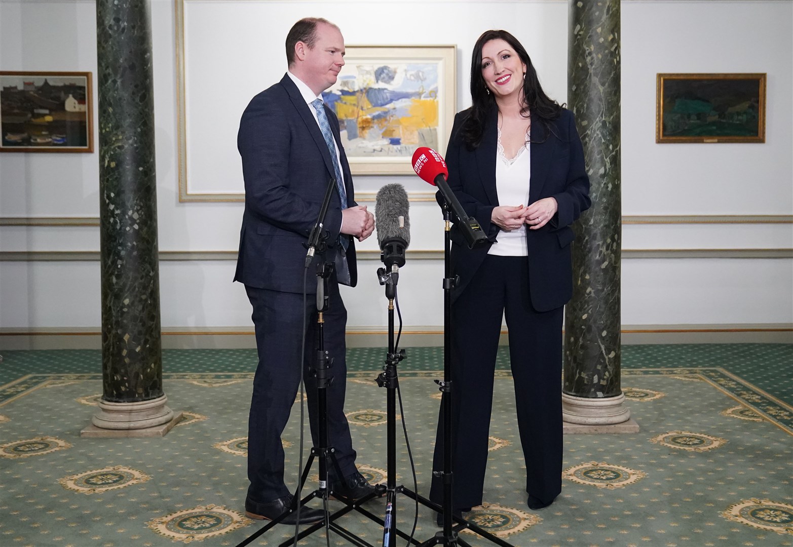 Communities Minister Gordon Lyons and Deputy First Minister Emma Little Pengelly speak to reporters in Dover House (Stefan Rousseau/PA).