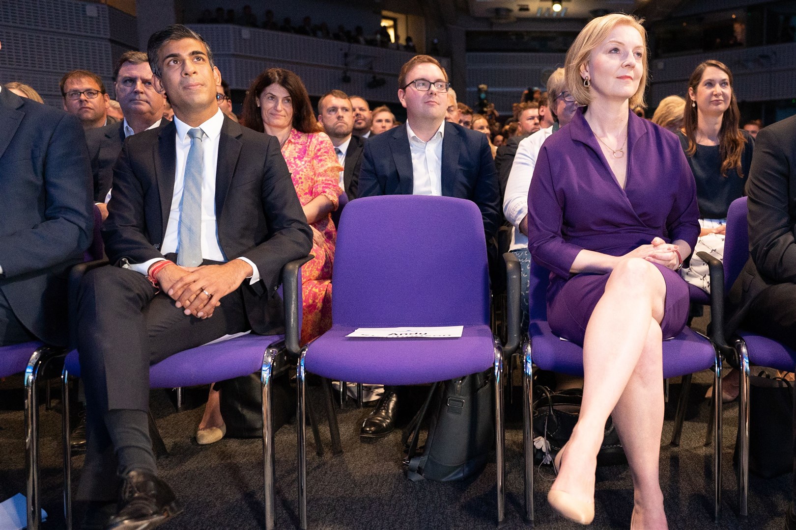 Rishi Sunak and Liz Truss at the Queen Elizabeth II Centre in London as the winner of the Conservative leadership contest was announced (Stefan Rousseau/PA)