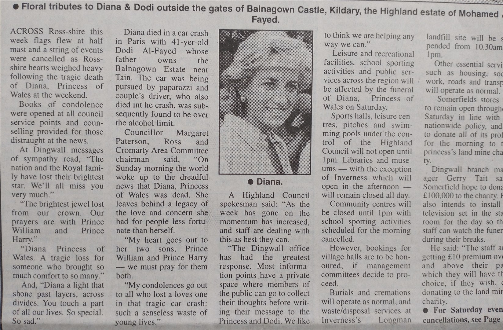 The death of Princess Diana made the front page of the Ross-shire Journal which reported a major impact across the county.