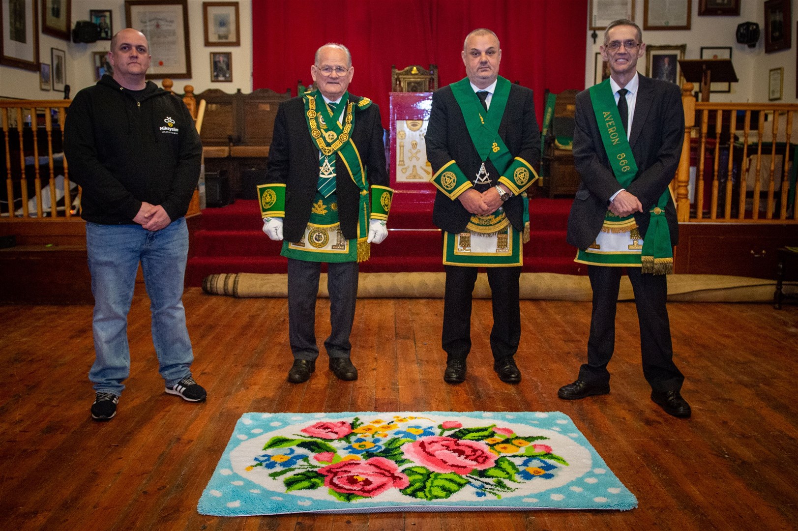 Mikeysline Tapestry - George Robinson hopes to raise Â£2000 for Mikeysline...Gary Miller Mikeysline, Provincial Grand Master Robin Cattanach, Donnie Mathieson and George Robinson...Picture: Callum Mackay..