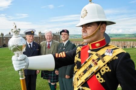 Kurt Callebert and Patrick de Smet of the Royal Band of the Belgian Navy with Tattoo director Major General Seymour Monro (centre) and Drum Major Tim Needham of The Band of HM Royal Marines Scotland at Fort George.
