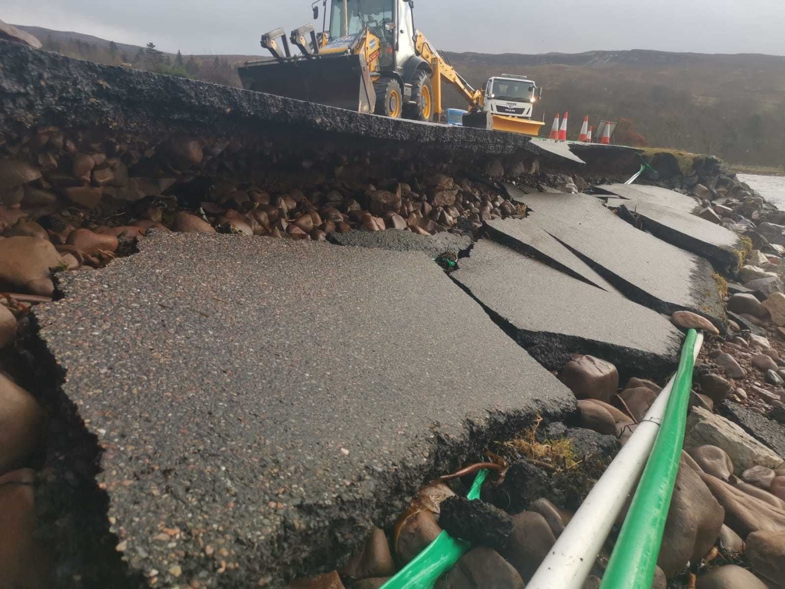 The damage to the main road at Applecross, with Highland Council repair crews on site. Pictures: Highland Council.