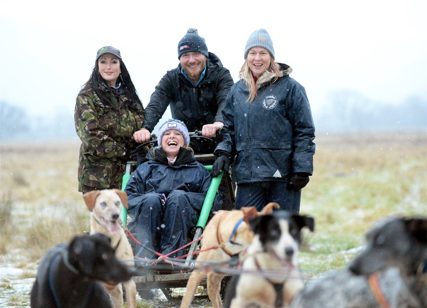 Suzi Macdonald and Jenny Keys head to Leask Racing Sled Dog Adventures to train for their Lapland Husky Trial: Amanda Leask and Tobias Leask from Leask Racing Sled Dog Adventures with Jenny Keys and Suzi Macdonald. Picture: James Mackenzie.